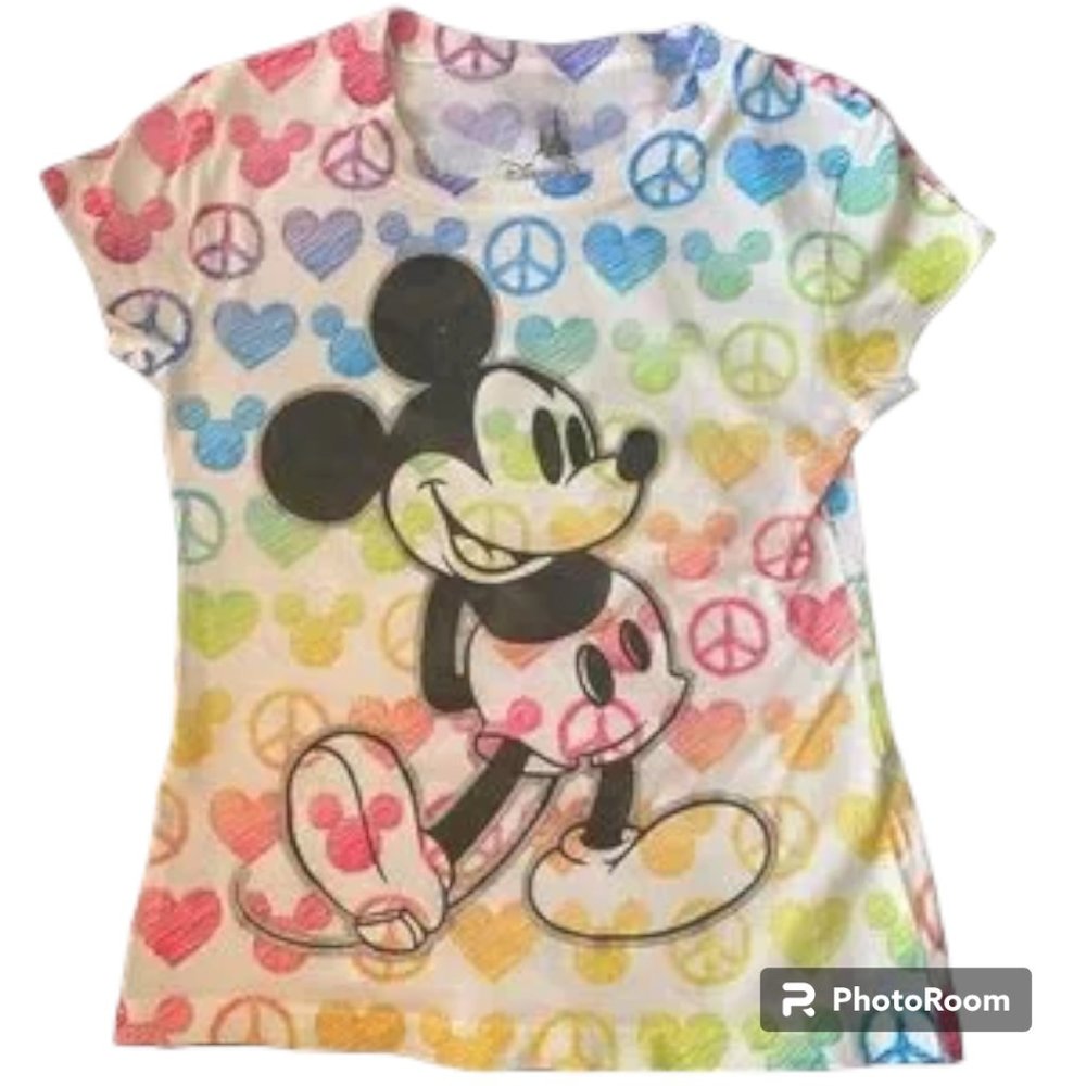 Disney Parks girl's Authentic Original Mickey Mouse Multicolor Peace T Shirt‎ XS